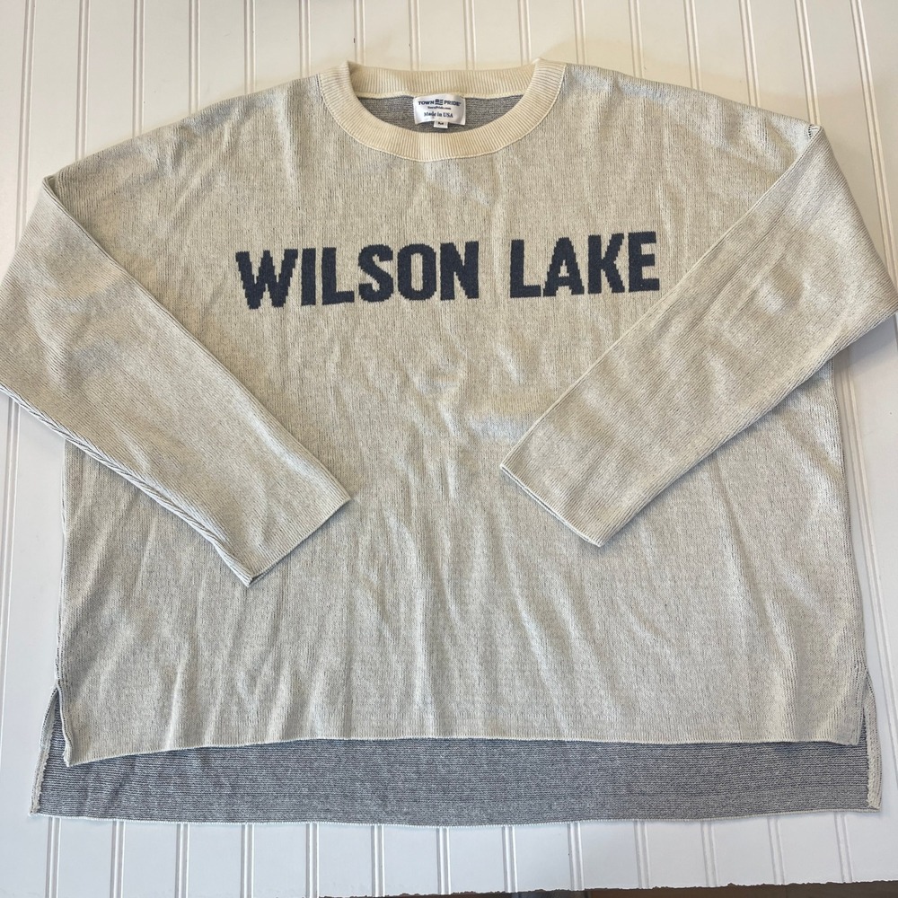 Town Pride Wilson Lake Kansas Knit Sweater Gray Navy Made in USA Womens Medium